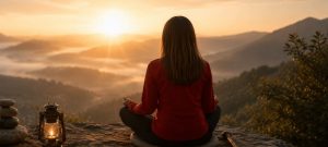 Une femme en veste rouge, cheveux châtains à mi dos est assise au sommet d'un montagne et regarde l'horizon. A côté d'elle, posés au sol, une lampe, un stupa de pierres empilées. Elle est au-dessus du brouillard et des nuages, elle voit le soleil poindre à l'horizon. Elle médite pour voir les choses telles qu'elles sont, au delà des voiles et de l'ignorance. Illustration d'un article de blog "Dans le silence du présent... se cultiver."