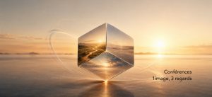 Un cube est posé sur un pointe. 3 faces du cube reflètent chacune une vue différentes parce qu'elles ne regardent pas au même endroit. Autour des mouvements symbolisant les mouvements de la vie, de l'esprit. Les tons sont dorés, et lumière dorée. Un soleil est perceptible à l'horizon, lui aussi fondu dans la lumière dorée. Le cube représente l'esprit et 3 façon différentes de regarder une même situation : L’exploration intérieure permet de partir du vécu. La philosophie aide à ouvrir à une autre compréhension de ce vécu.. Les enseignements bouddhistes offrent des repères pour l’inscrire dans une sagesse plus profonde.