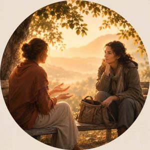 Ecoute ordinaire, écoute bienveillante, illustration du cours sur ce thème. On voit deux femmes échanger, dont celle que l'on voit de face écoute l'autre parlé de façon active, concentrée sur ce qu'elle dit. Devant elle un ouvert et vide., prêt à accueillir ce que l'autre dit.