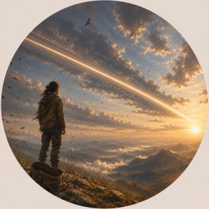 Agir dans le non agir, illustration du cours sur ce thème. on voit une personne debout face au vent, des feuilles s'envolant, le ciel nuageux. Il a un sac énorme mais vide et ouvert à ses pieds. Dans le ciel un mouvement très fort, lumineux qui déchire le ciel comme s'il traversait les mouvements sans difficulté, directement. Cela symbolise l'action qui ne se perd pas, qui pose un seul acte, l'acte juste au moment juste, et n'attend pas de résultat.