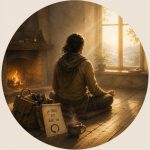 Amitié avec soi-même, illustration du cours sur ce thème Amitié avec soi-même, illustration du cours sur ce thème. On voit une personne dans une pièces avec un feu de cheminée, un bol de chocolat chaud fumant, le sac déposé au sol et ouvert dont les outils d'exploration sont visibles, et un petit mot avec écris dessus "La force est avec toi". La personne est face à la fenêtre, et médite. Cela représente prendre soin de soi, faire ce qu'il faut pour soi, pour ne pas laisser les émotions et souffrance grandir dans notre esprit.