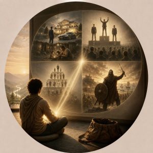 Emotion perturbatrice / klesha de la comparaison - jalousie, illustration du cours privé mettant en scène un guerrier avec le besoin de conquérir et gagner sur les autres, la perspective de toute chose sous forme de hiérarchie, la recherche de richesse - puissance - élite et la peur de se dégrader, vouloir être le meilleur et se mesurer aux autres.