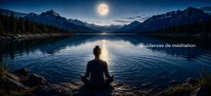 Une femme est assise en lotus ausol devant un lac sur lequel se reflète la lune. Il fait nuit, une nuit bleutée. Les montagne entourent le lac. La lune représente l'esprit qui voit son reflet dans le lac, comme le méditant voit le reflet de son esprit dans la clarté et la stabilité. L’expérience est au centre.