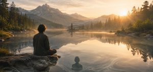 Guidance de méditation - Instructions et conseils - Un homme médite devant un lac de montagne dont le paysage se reflète sur ses eaux. Illustrations de voir de son propre reflet et de voir l'illusion comme les projections de l'esprit