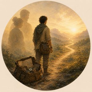 karma, illustration du cours sur ce thème. On y voit un homme à l'arrêt sur chemin ondulant avec en horizon un soleil mais embrumé. Il a posé à ses pieds un immense sac rempli qui représente ce avec quoi il est revenu et qu'il transporte de vie en vie. On voit un couple en filigrane derrière représentant ses parents, eux mêmes représentant le karma, le karma étant les réels parents de tous les êtes puisque nous sommes les manifestions du karma.