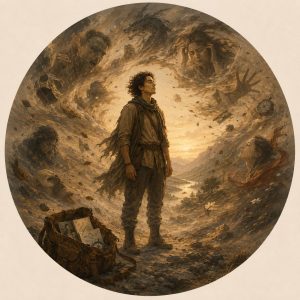Les 6 Kleshas, illustration des cours sur ce thème, pour une première approche. On y voit un homme au milieu de la tourmente, avec des visages de colère, de peur, d'avidité, de désir, d'attachement, d'ignorance, d'orgueil, de compétition, de jalousie... autour de lui.