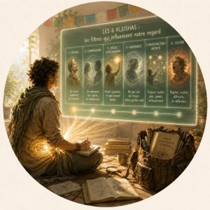 Les 6 kleshas, illustration des cours sur la thématique "les mouvements de la condition humaine". On y voit un homme étudiant devant un tableau, entouré de livres, et prenant des notes. De son ventre, un rayon de lumière projète les 6 kleshas sur le tableau sur lequel on voit : un titre "les 6 kleshas, les filtres qui influencent notre regarde" avec ensuite, quelques mots pour chaque klesha. Orgueil : se croire supérieur, sa valoriser. Comparaison, jalousie : se comparer aux autres, se dévaloriser. Désir / attachement : vouloir posséder, repas pouvoir lâcher. L'ignorance : ne pas voir les choses telles qu'elles sont. L'insatisfaction, avidité : toujours vouloir plus, jamais suffisamment. La colère : rejeter, vouloir détruire, se défendre.