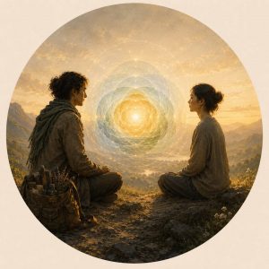 Les facteurs de transformation, illustration du cours sur le même thème. Suite du cours sur les différentes dimensions de l'expérience humaine. On voit deux personnes dont un accompagnant avec un sac main d'outils et méthodes, en face de lui la personne accompagnée et entre les deux un mandala de formes entremêlées représentant les différents niveau de la conscience humaine. Cela symbolise que mes transformations ne sont pas uniquement les conséquences de méthodes mais aussi de la relation, du niveau sur laquelle elle se passer, de ce qui se joue sur les différents plans de l'accompagnant et de l'accompagné, et de l'interaction de tout cela.