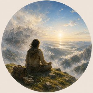 Paix intérieure, illustration du cours sur ce thème. On voit une personne tout en haut des montagnes, en posture de méditation, un sac déposé au sol, dans son dos, des feuilles écrites à côté. il voit l'horizon bien au-dessus des montagnes, le ciel est dégagé, immense, spacieux. Sur le côté du ciel, on devine un champ de bataille qui tente de reprendre la main, mais il reste concentré sur le ciel ouvert et paisible.