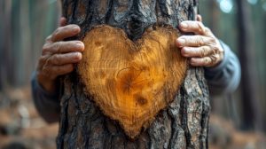 Coeur sur un tronc d'arbre, des mains le tenant, bandeau de la page avis et témoignage