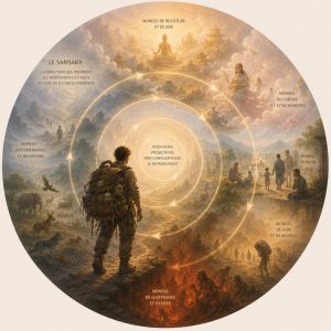 Le samsara version exploration intérieure, illustrant le cours sur le même thème. On y voit un homme avec un fardeau énorme et très lourd sur le dos, des têtes de morts accrochée au sac, les différents mondes de renaissances (Dieu, demi dieux, humain, animaux, prêta et enfer) ainsi de la notion de cycle et de spirale dans laquelle on est emporté.