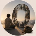 Soi et non soi, illustration du cours privé sur ce thème Soi et non soi, illustration du cours privé sur ce thème mettant en scène un homme avant un miroir, contemplant sa vie et ce qu'il est à différentes étapes, mais sans reflet de lui aujourd'hui, le centre du miroir étant vide.