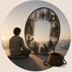 Soi et non soi, illustration du cours privé sur ce thème mettant en scène un homme avant un miroir, contemplant sa vie et ce qu'il est à différentes étapes, mais sans reflet de lui aujourd'hui, le centre du miroir étant vide.