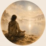 Méditation introspective, illustration du cours sur ce thème Méditation introspective, illustration du cours sur ce thème. On voit une personne avec un gros sac au sol et une tasse, en posture de méditation devant un lac sur lequel la lune se reflète. Ils a du brouillard, la lumière est mordorée, les paysages comme dans un rêve. Cela illustre l'observation de soi, l'introspection et le fait de voir des illusions en cherchant le soi notamment.