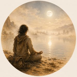 Méditation introspective, illustration du cours sur ce thème. On voit une personne avec un gros sac au sol et une tasse, en posture de méditation devant un lac sur lequel la lune se reflète. Ils a du brouillard, la lumière est mordorée, les paysages comme dans un rêve. Cela illustre l'observation de soi, l'introspection et le fait de voir des illusions en cherchant le soi notamment.
